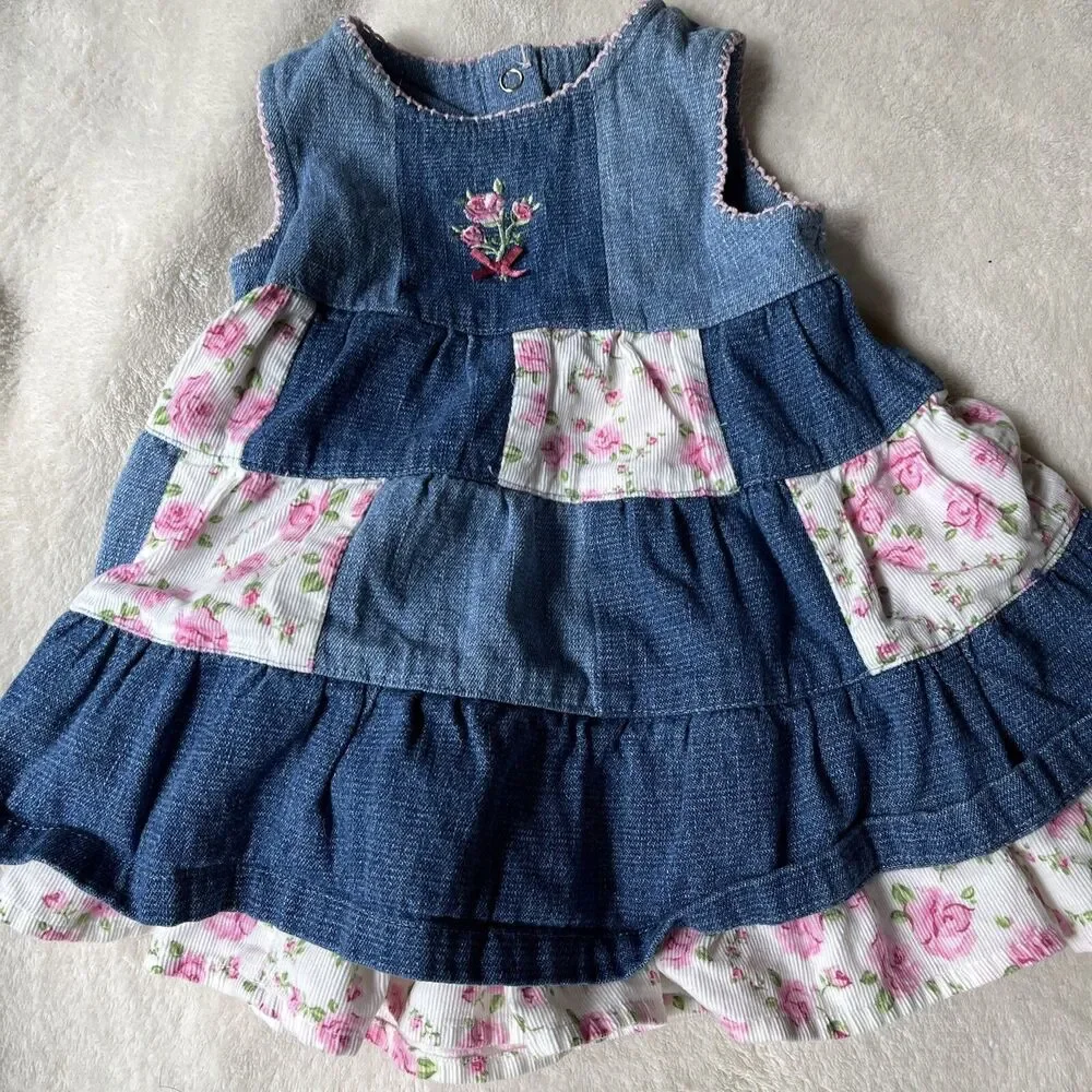 Lot of 2 Baby Girl Size 3-6 Months Sleeveless Jumper Dresses Lined Denim Floral